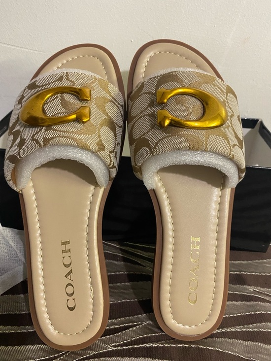 Coach Shoes - Coach Tan & Cream Signature Slide Sandals with Gold Hardware